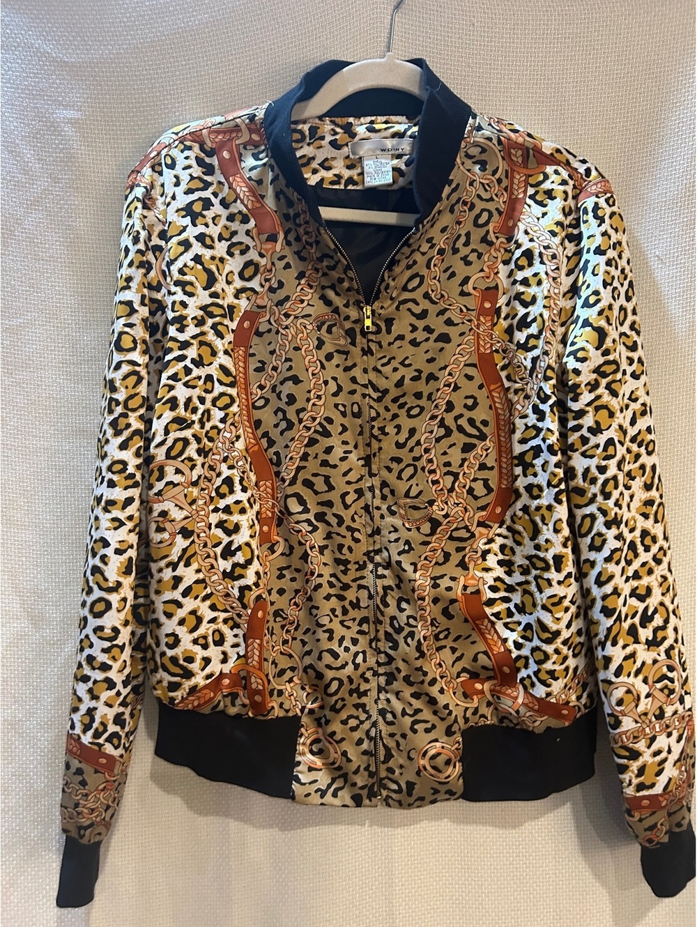 WDNY Women's Leopard Print Bomber Jacket with Chain and Belt Pattern, Size M